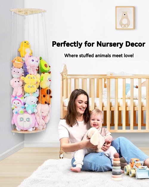 Corner Stuffed Animal Storage Net - Heigh Adjustable Wood Stuffed Animal Organizer - Large Wall Plush Holder Teddy Bear Storage for Bedroom Nursery Decor