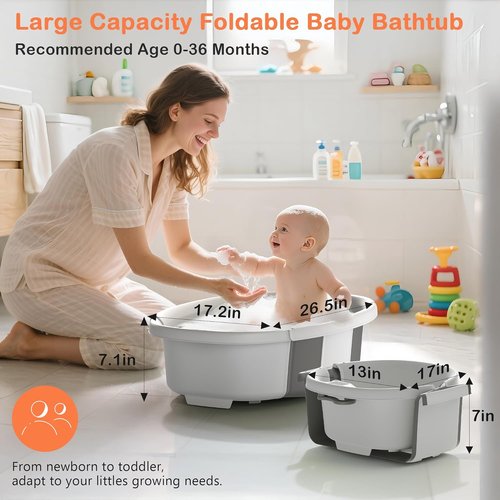 Collapsible Baby Bathtub - Portable Infant Bath Tub with Thermometer & Cushion | Foldable Toddler Bath for Newborns 0-36 Months (Grey)