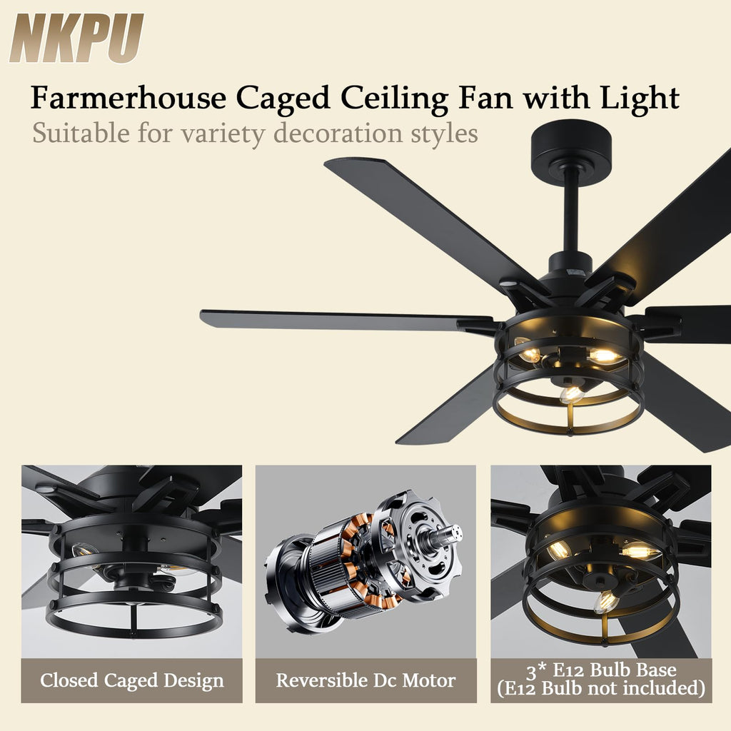 NKPU 52 Inch Farmhouse Ceiling Fan with Light and Remote, Black Industrial Caged Rustic Ceiling Fan with 6 Speed Reversible Motor and Dual Finish 6 Blades, Rustic Ceiling Fan for Living
