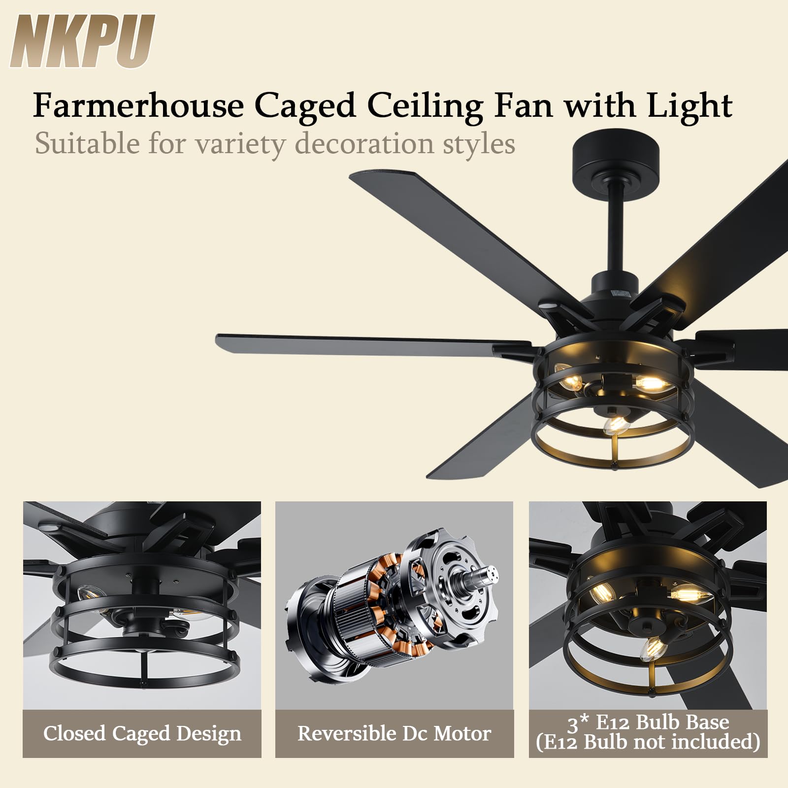 NKPU 52 Inch Farmhouse Ceiling Fan with Light and Remote, Black Industrial Caged Rustic Ceiling Fan with 6 Speed Reversible Motor and Dual Finish 6 Blades, Rustic Ceiling Fan for Living