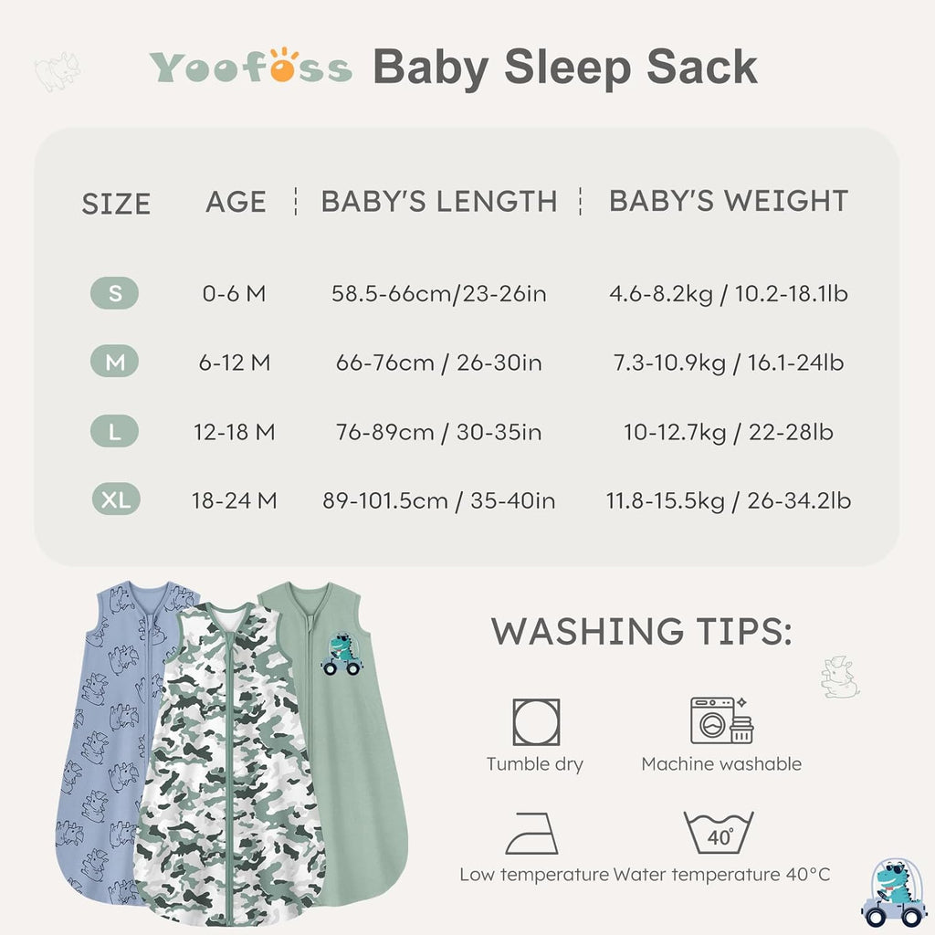 Yoofoss Baby Sleep Sack - 100% Organic Cotton Wearable Blanket for 0-6 Months | 2-Way Zipper, 3 Pack