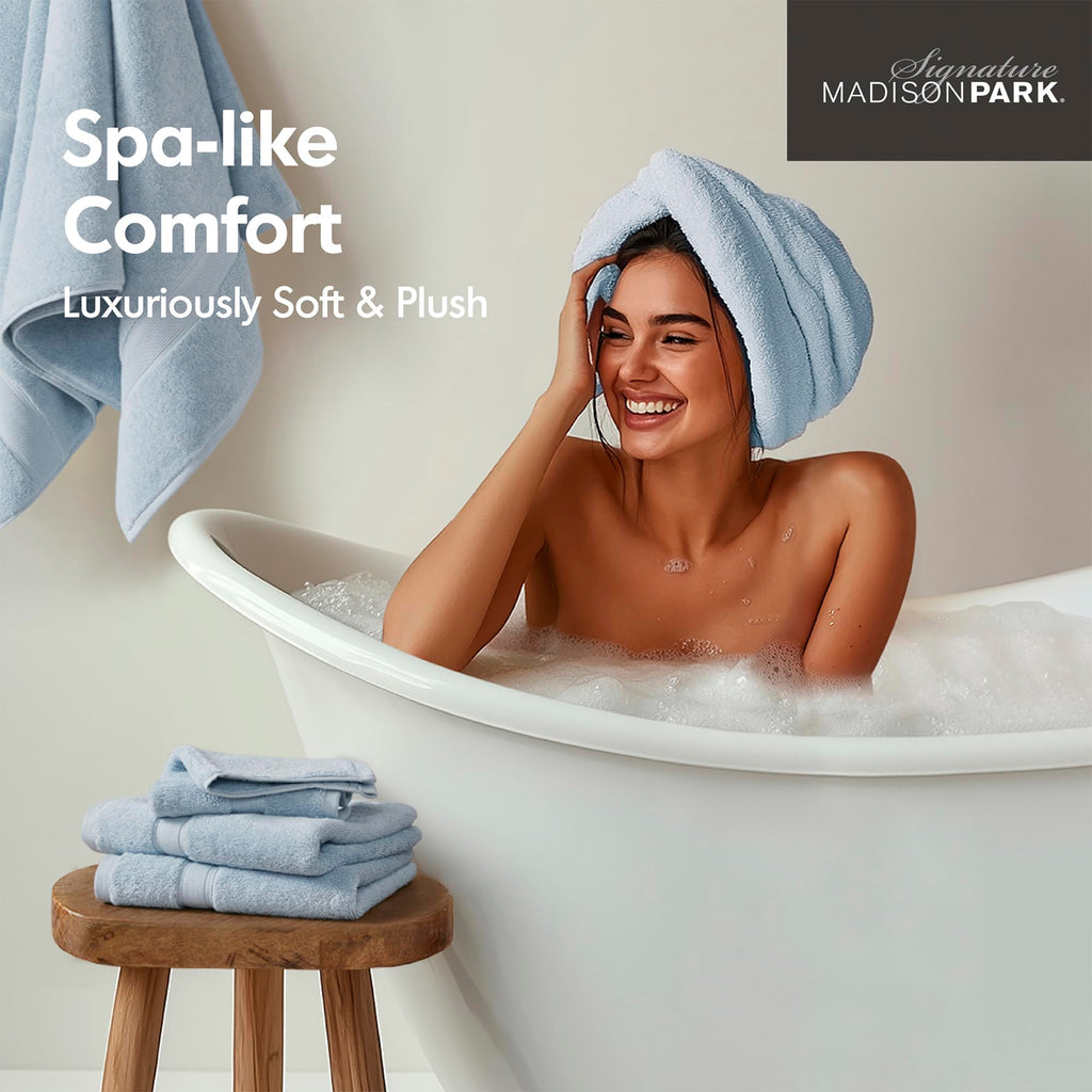 Madison Park 800GSM Bathroom Towel Set of 8 100% Cotton Bath Towel Set for Bathroom Luxurious Highly Absorbent 2 Bath Towels 2 Hand Towels 4 Washcloths Quick Dry Spa Quality Light Blue