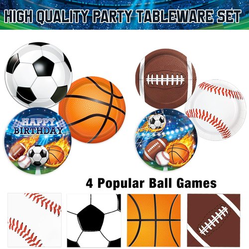 191 PCS Sports Birthday Party Decorations Includes Plates, Napkins, Cups, Knives, Forks, Banner, Cake & Cupcake Toppers, Tablecloth for Sports Themed Party Decorations, Serves 24