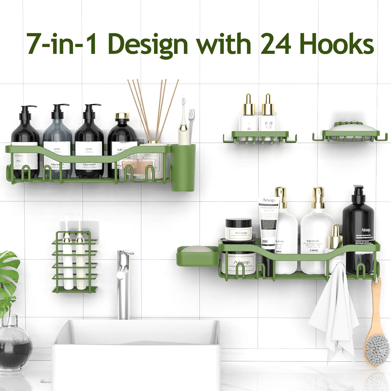 NESOMI Shower Caddy - Rustproof Stainless Steel Organizer with Soap Dish & Hooks | 7-Pack, No-Drill Storage