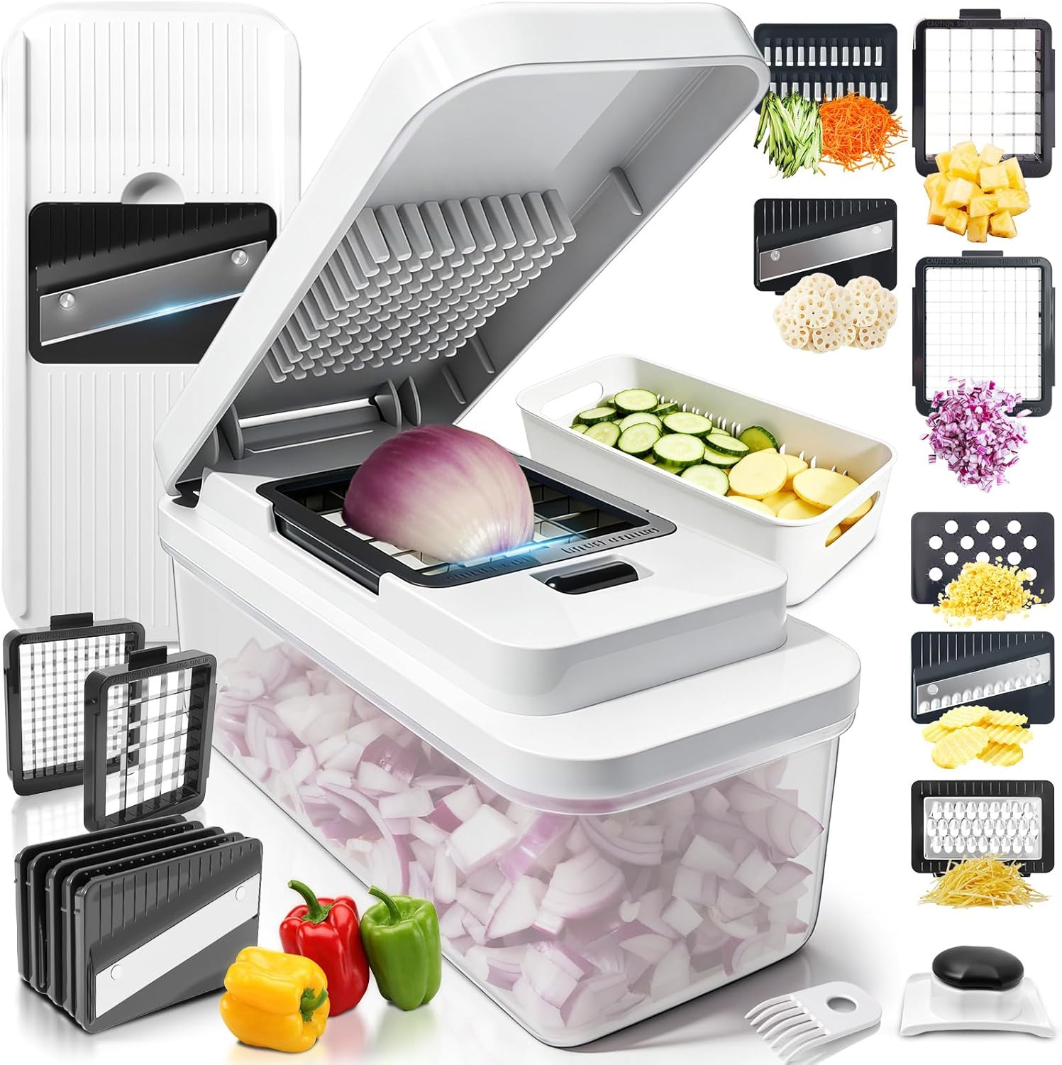 Skiennix 14-In-1 Vegetable Chopper - Versatile Cutter with 7 Blades, Container & Lid | Ideal for Salad & Cheese Grating