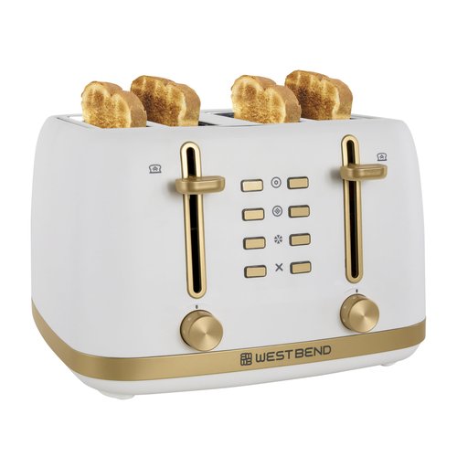 West Bend Timeless 4-Slice Toaster with 7 Browning Levels, Bagel/Waffle/Defrost Settings, High-Lift Lever, Anti-Jam, Easy-Clean Crumb Tray, 4-Slice, White/Gold