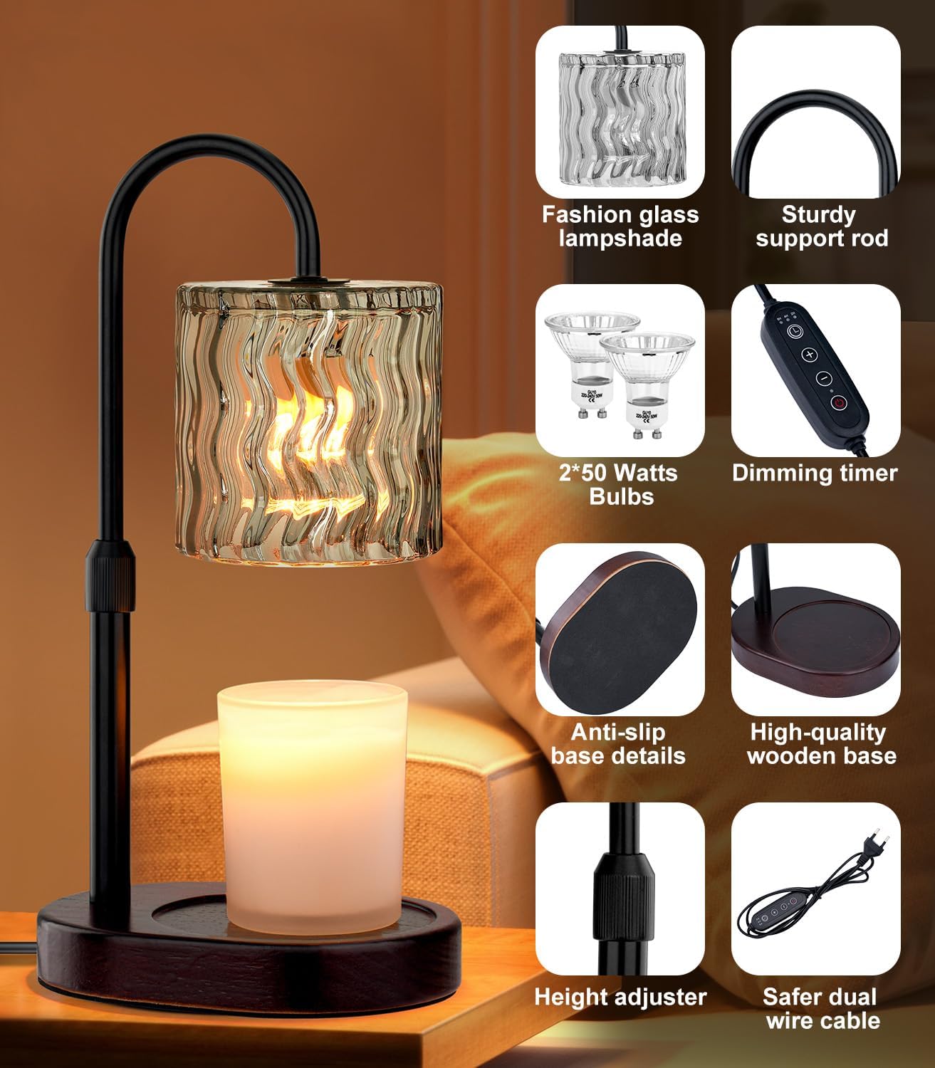 Skiennix Candle Warmer Lamp - Electric Timer & Dimmable Height Adjustable Burner | Scented Wax Melts Home Decor