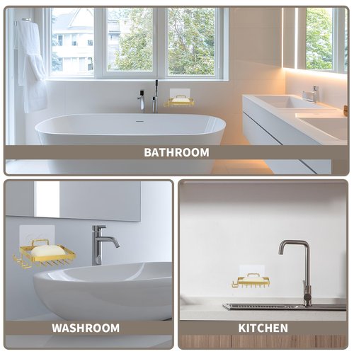Snailhouse Soap Dish for Shower, Wall Self Draining Adhesive Hanging Stainless Steel Bathroom Bathtub Bar Soap Holder Tray Caddy with 2 Hooks, Gold