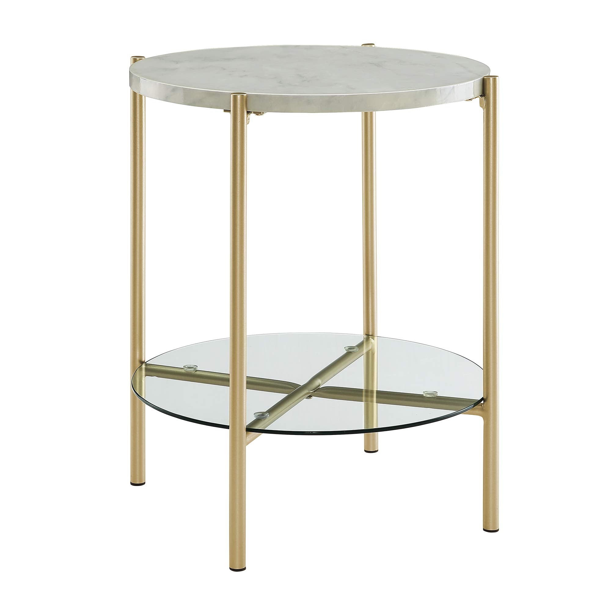 Walker Edison Blaine Mid Century Modern Marble and Glass Round Accent Table, 20 Inch, Marble and Gold