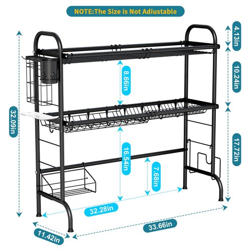HOWDIA Stainless Steel 2-Tier Over The Sink Dish Drying Rack with Utensil Holder, Large, for Kitchen Counter