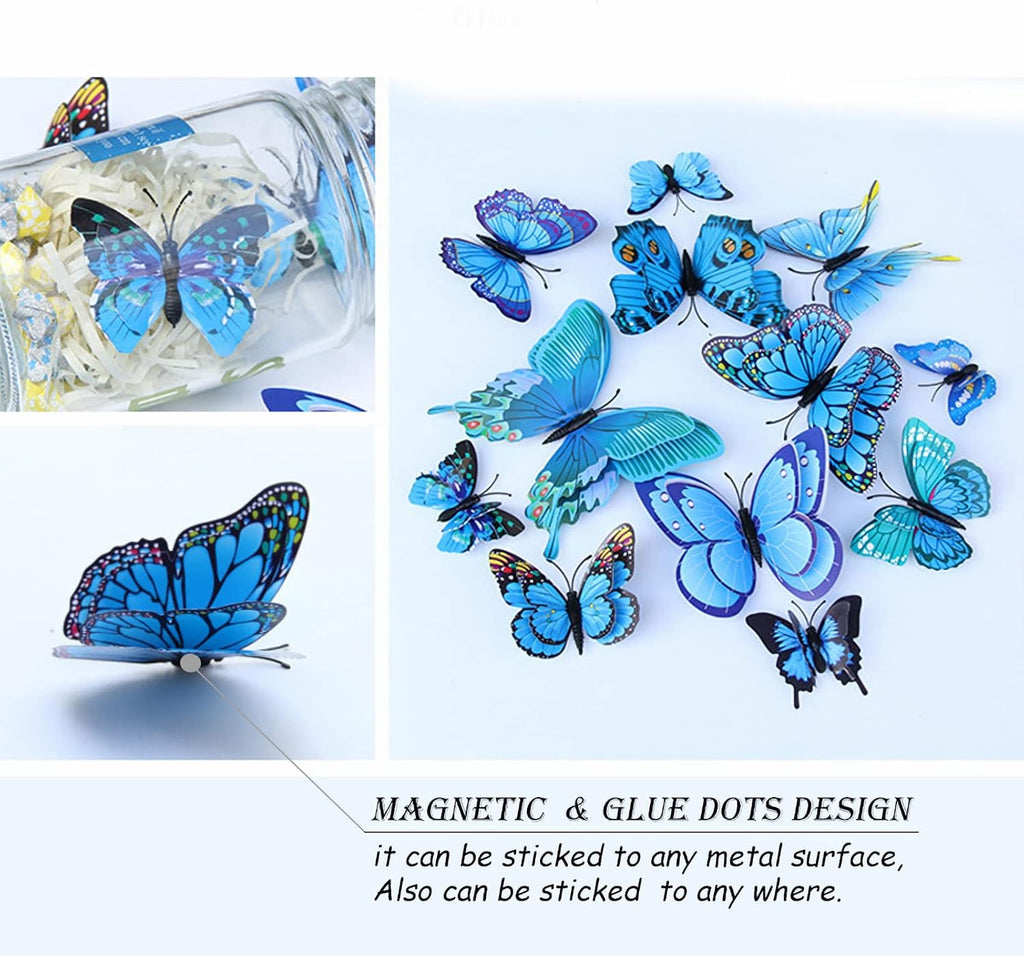 OPSEAM 3D Butterfly Wall Decor - 24 PCS Magnetic Stickers for Party Decorations (Blue)