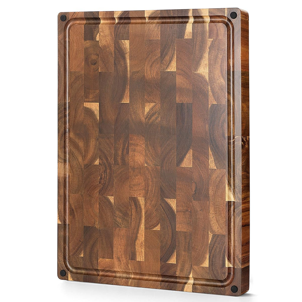 XINZUO Large Thick End Grain Acacia Wood Cutting Board- (19''L x 14''W x 1.5''T) Reversible Wooden Chopping Board with Non-Slip Feet, Built-in Handles and Juice Groove- Butcher Block Cutting Board