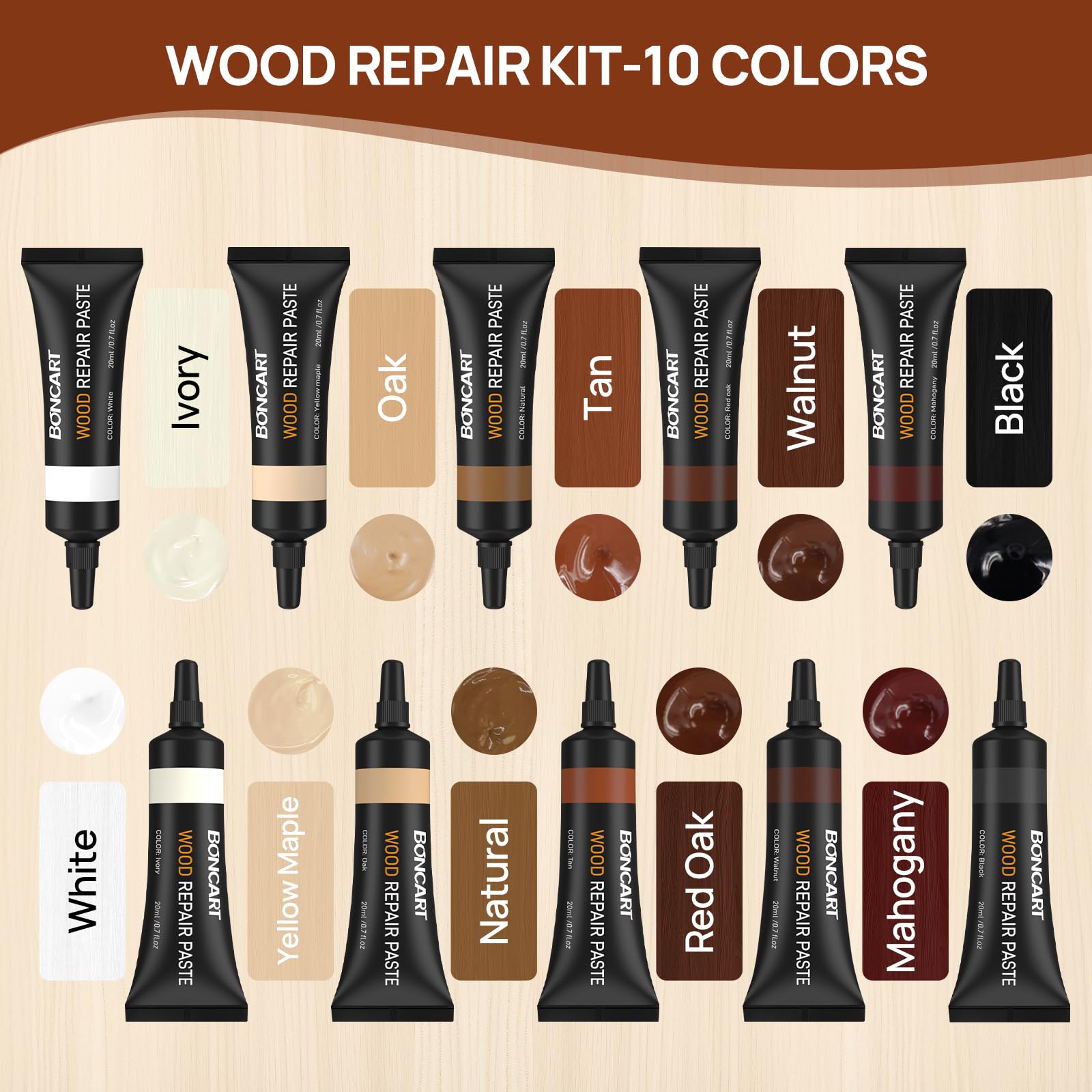 Boncart Wood Furniture Repair Kit, Wood Touch up Fillers, Repair Scratches, Cracks, Paint Chips, and Nail Holes on Furniture, Floors, Doors, Cabinets, and Tables (10 Colors)