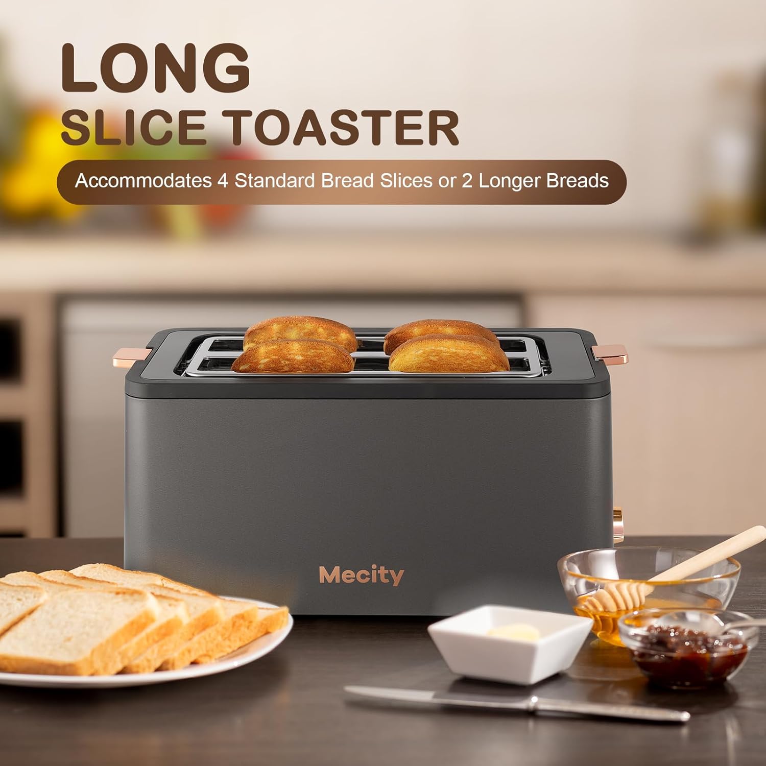 Mecity 4-Slice Long Slot Toaster - Stainless Steel with Warming Rack & 6 Browning Settings | 1300W, Grey