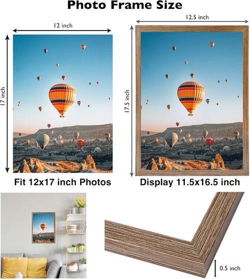 JCJMY 12x17 Rustic Brown Picture Frame - Versatile Wall Mounting for Horizontal or Vertical Display