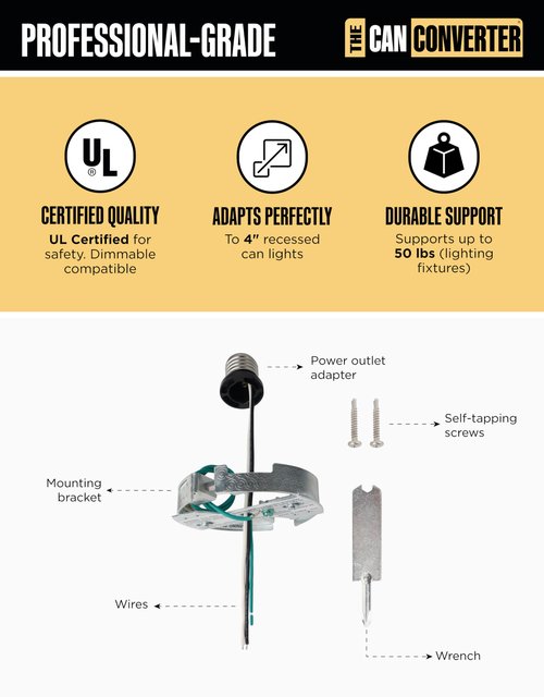 The Can Converter R4 Recessed Can Light Conversion Kit - Home Improvement for 4" Cans, Hardware Converter for Flush Mount Light, Hanging Pendant, & Light Fixture, up to 50 lbs Capacity, UL Certified