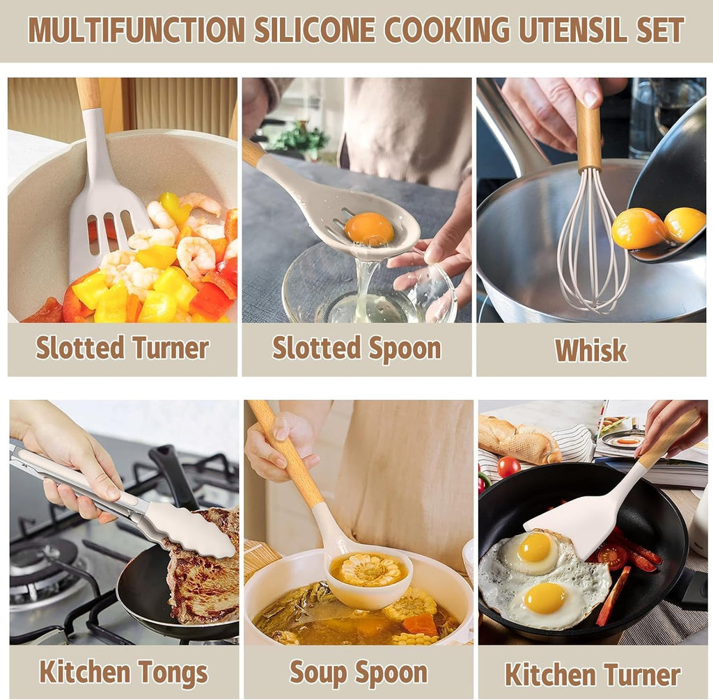 Umite Chef 33-Piece Non-Stick Silicone Cooking Utensils Set - Wooden Handle & Holder (Khaki)