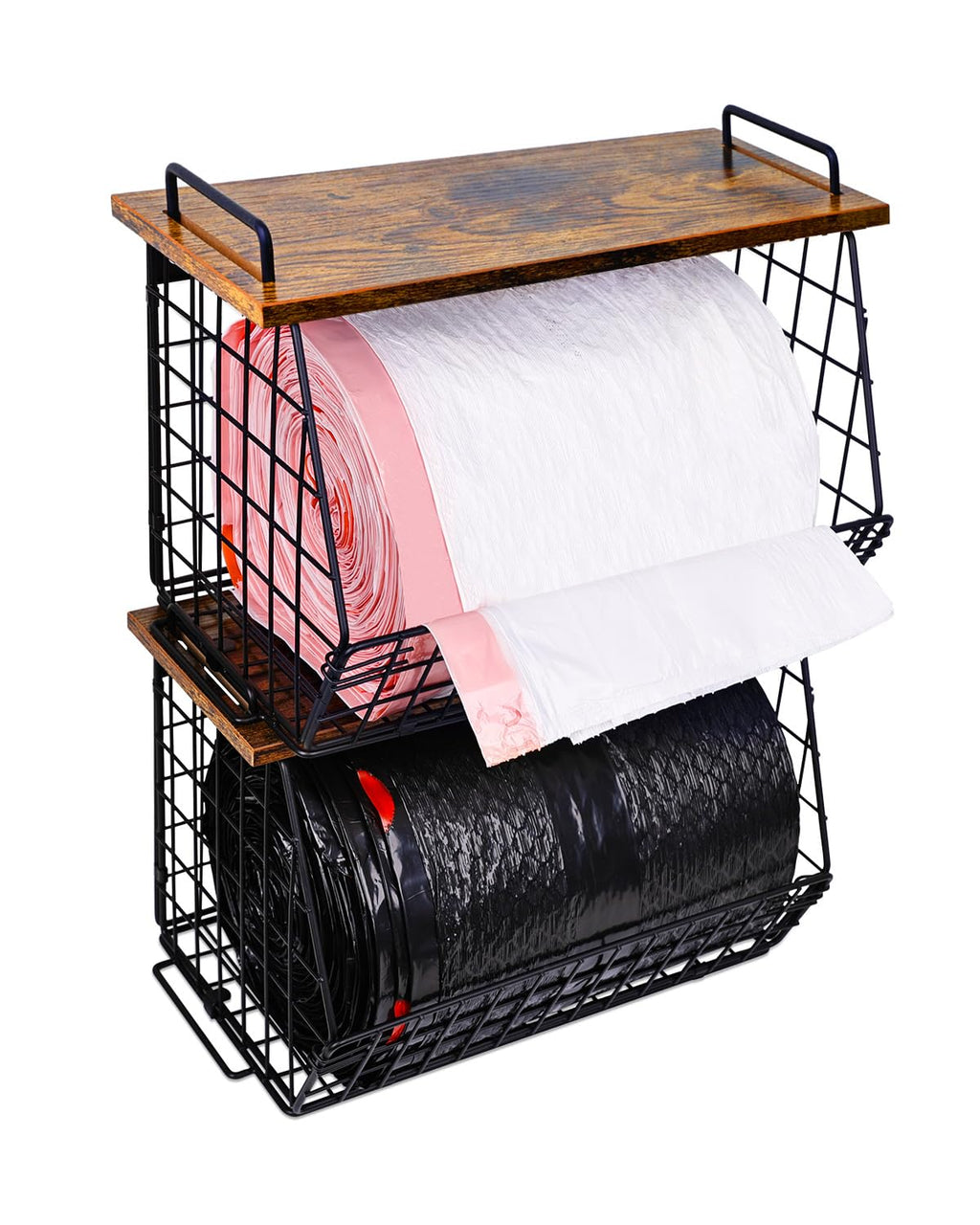 2 Pack Stackable Extra Large Trash Bag Holder Under Sink, Wall Mounted Garbage Bag Dispenser Roll Holder for 13/33 Gallon Trash Bags, Kitchen/Pantry/Laundry Room Organization Basket Storage Bin