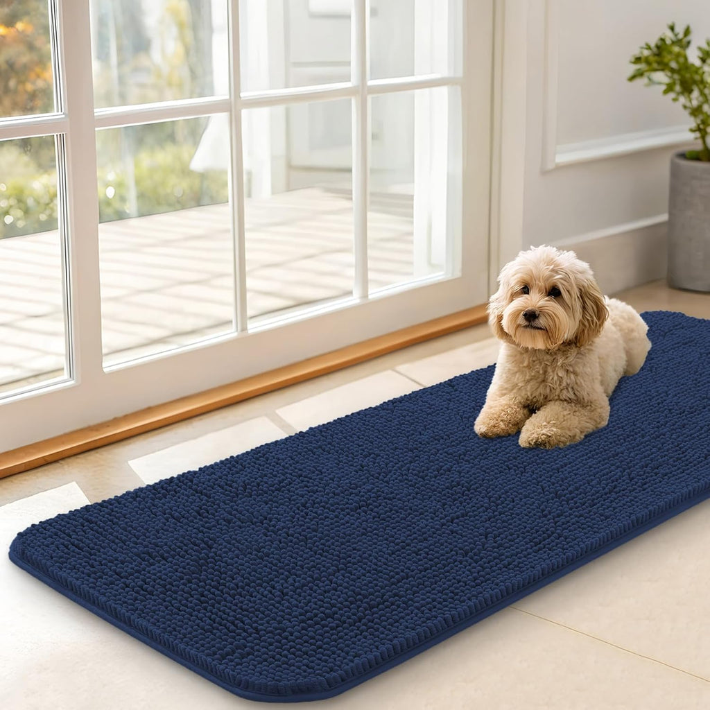 OLANLY Dog Door Mat - Absorbent Non-Slip Chenille Mat for Muddy Paws | 47x17 Dark Blue Quick Dry Doormat