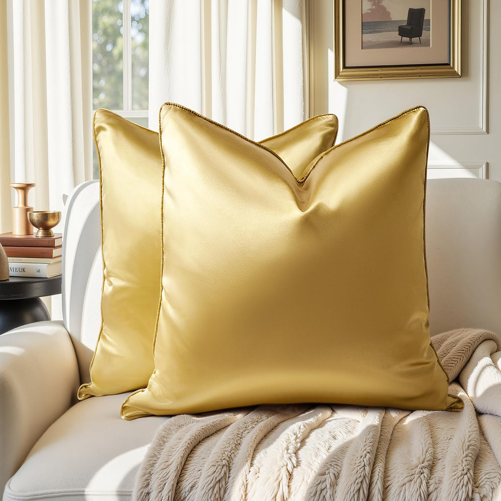 HOMEIDEAS Gold Decorative Throw Pillow Covers 18x18 Set of 2, Glossy Faux Silk Pillow Covers for Couch Sofa Bed Decor Luxury Euro Summer Cushion Covers