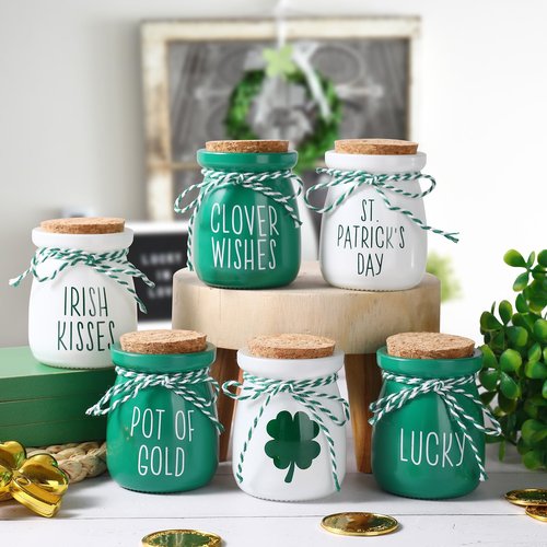 FunouHome St. Patrick's Day Decorations - 6PCS Mini Glass Jars - Farmhouse St. Patrick's Day Decor for Home, Kitchen, Table, Fireplace Mantel