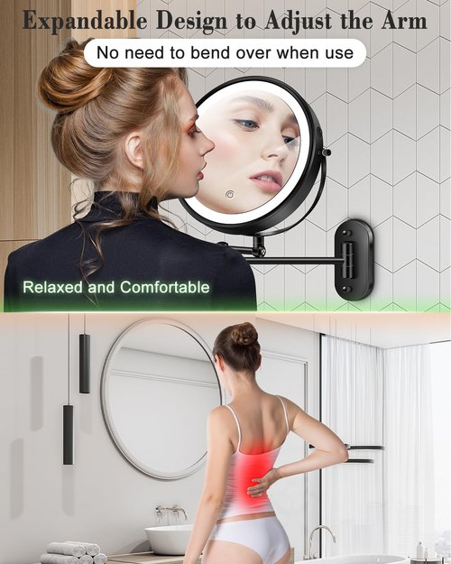 30X/1X Wall Mounted Lighted Makeup Mirror, 9'' Height Adjustable Double Sided 5000mAh Rechargeable Magnifying Bathroom Mirror with Light, 3 Color Modes Touch Dimmable Extended Arm 360 Rotation