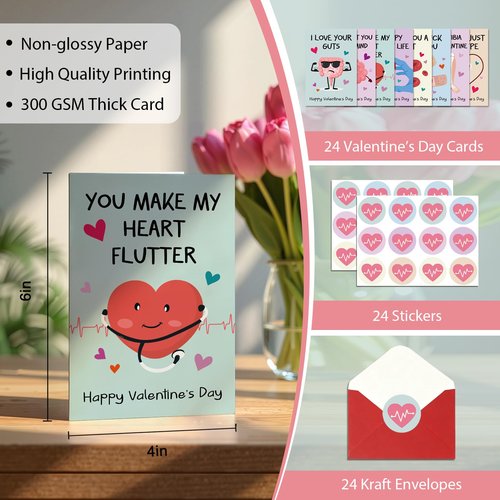 Leinessy 24 Pack Medical Valentine's Day Cards with Envelopes & Stickers, Medical Pun Valentine's Day Cards Bulk for Coworker Nurse Doctor Healthcare Workers - 4x6 Inch, 8 Assorted Designs