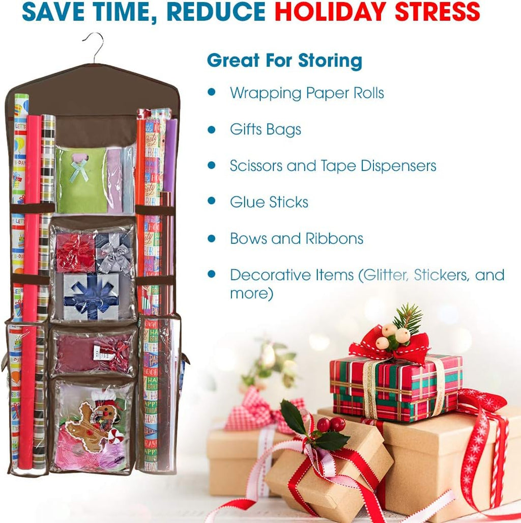 ProPik Hanging Double-Sided Wrapping Paper Organizer - Store Gift Wrap, Bags & Ribbons | 40" x 17" Clear PVC Bag (Brown)