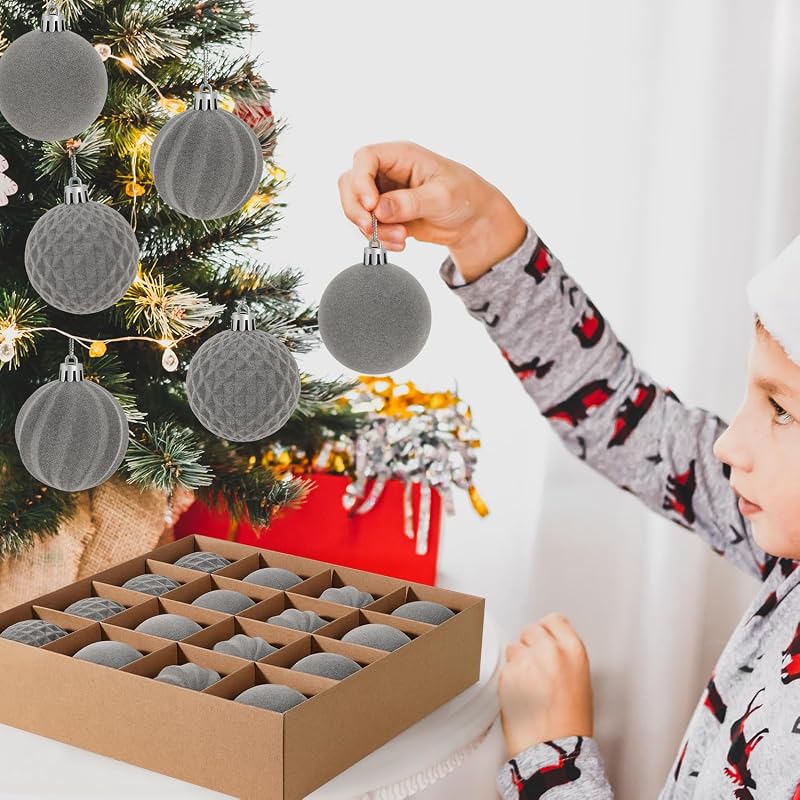 Artmag Grey 2.36 Inch 16 Pcs Velvet Flocked Christmas Balls Ornaments Set