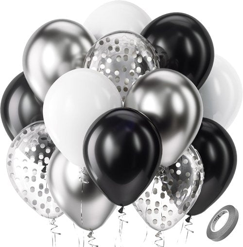 Bezente Black & Silver Confetti Latex Balloons - 60pcs 12" Metallic Chrome & Confetti for Parties