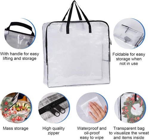 Extra Large Wreath Storage Container by [Brand Name] - 25-Inch Transparent Bags with Zipper & Handles | Waterproof & Foldable