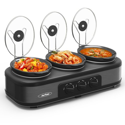 SUNVIVIPRO Triple Slow Cooker, Buffet Food Warmer with 3 * 1.5 Quarts Removable Ceramic Pots, Buffet Servers and Warmers with Glass Lids and 3 Spoons, Stainless Steel,Grey