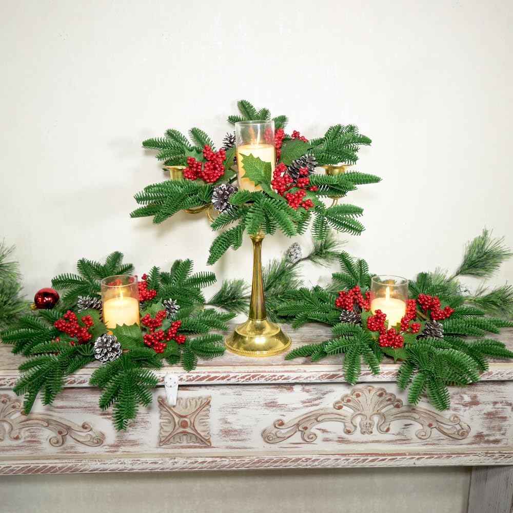 Skiennix Christmas Small Wreaths - 3Pcs 13.5-Inch Greenery Pine Candle Rings for Home Decor