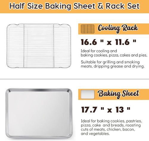 E-far Cookie Sheet Set - Half Sheet Baking Pan with Wire Cooling Rack | 18”x13” Stainless Steel, Dishwasher Safe