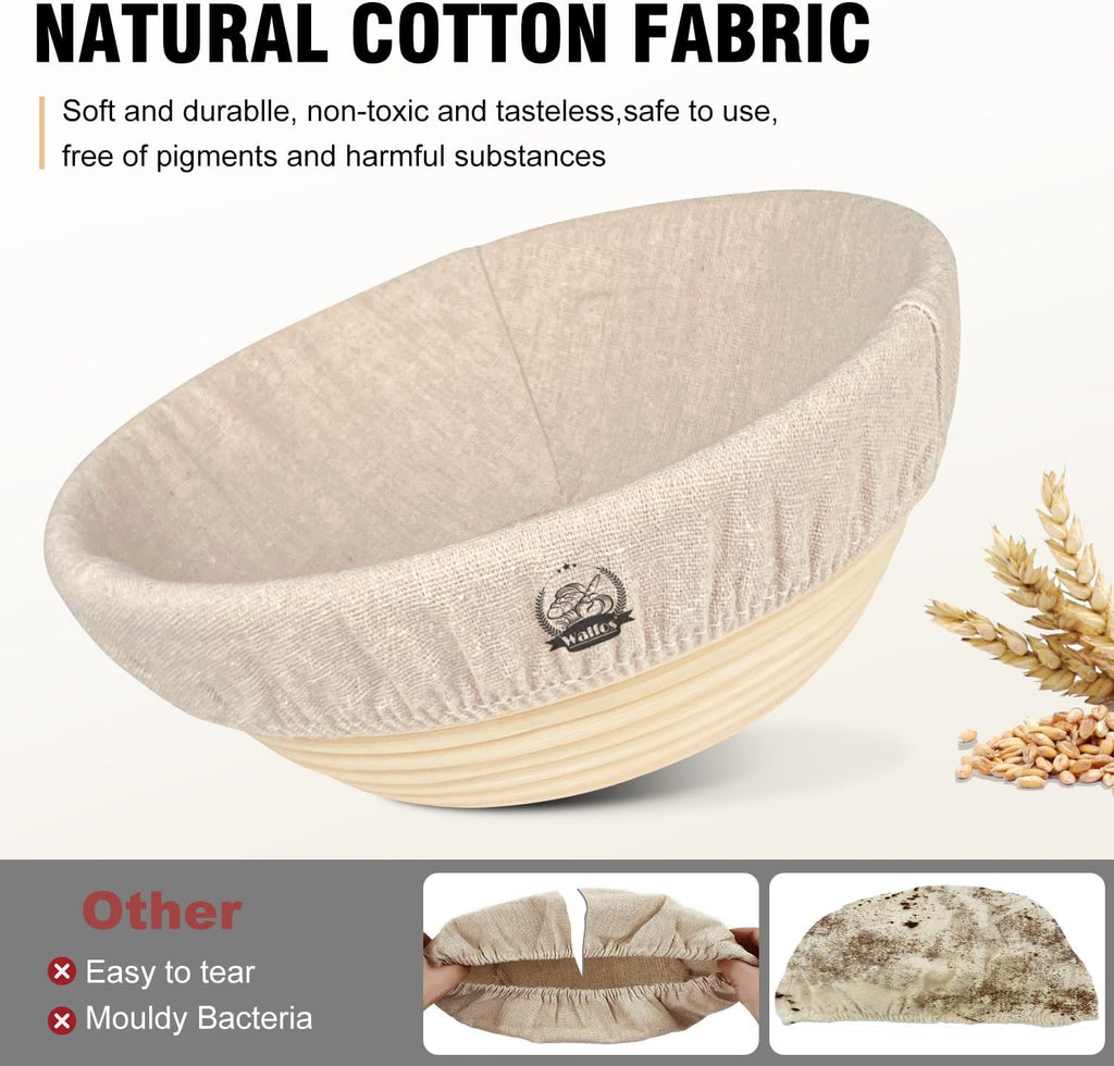 WALFOS Bread Basket Liner Cloth - 9 Inch Round Baking Dough Cover for Natural Rattan Proofing
