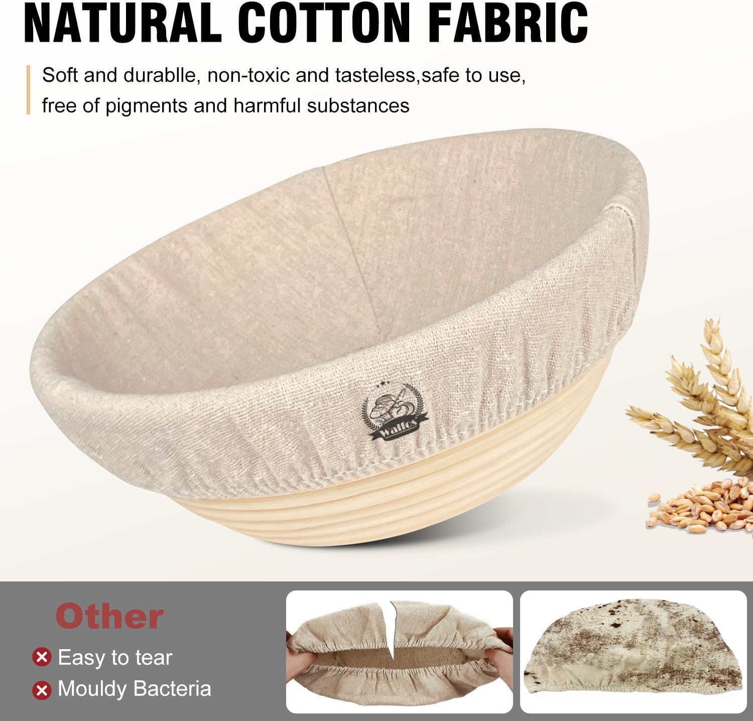 WALFOS Bread Basket Liner Cloth - 9 Inch Round Baking Dough Cover for Natural Rattan Proofing
