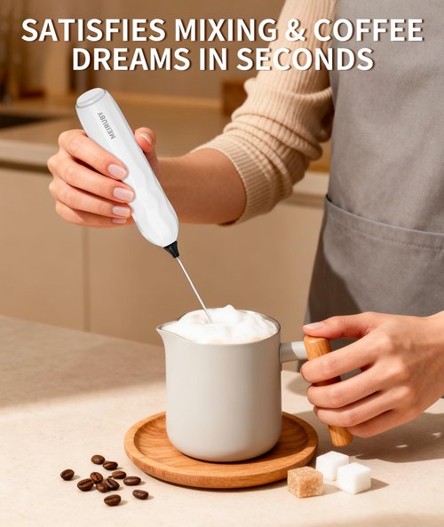 MEIRUBY 2-Pack Milk Frother Handheld with Stand, Valentines Day Gifts for Him and Her, Powerful Electric Coffee Frother, Coffee Lover Gift for Lattes, Cappuccino, Matcha & Hot Chocolate, Black/White