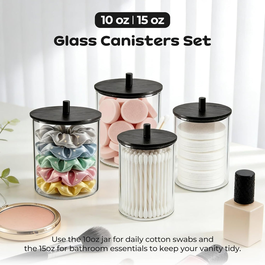 Skiennix Glass Qtip Holder Dispenser Set - 15oz & 10oz Cotton Swab Storage with Black Wooden Lids | Bathroom Organizer (2 Pack)