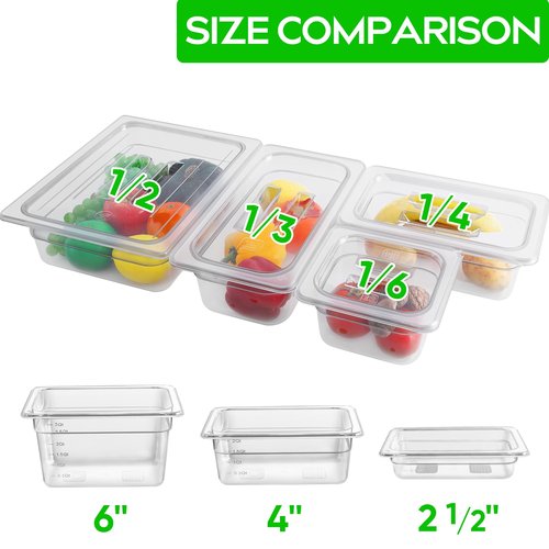 6 Pack 1/4 Size 6'' Deep Clear Food Pans with Lids, Commercial Food Pans Polycarbonate Transparent Food Storage Containers, Stackable Plastic Pan with Capacity Scale, Restaurant Supplies Hotel Pan