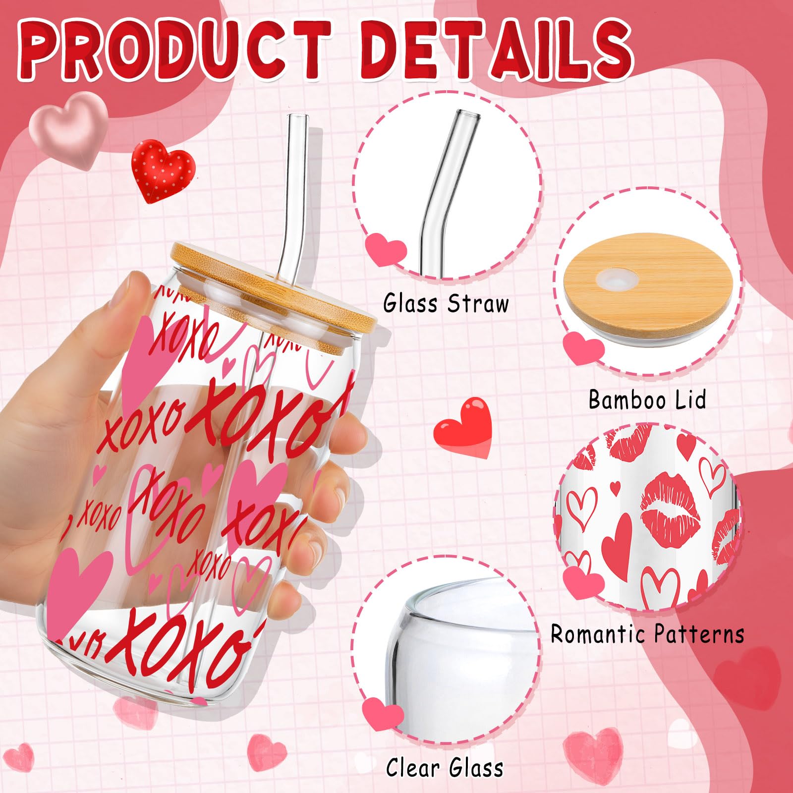Qinyoung 6 Pcs Valentine's Day Glass Cups with Bamboo Lids and Glass Straws, 16 oz Red Heart Drinking Glasses Set, Reusable Love Iced Coffee Glasses for Galentine's Party Romantic Gifts (Valentines)