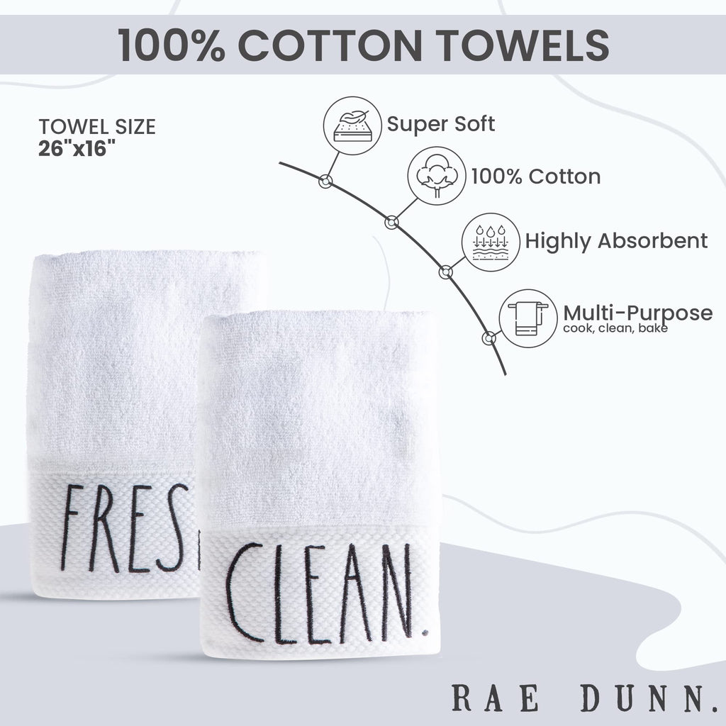 Rae Dunn Hand Towels, Embroidered Decorative Hand Towel for Kitchen and Bathroom, 100% Cotton, White- Fresh/Clean, 16"x 28"
