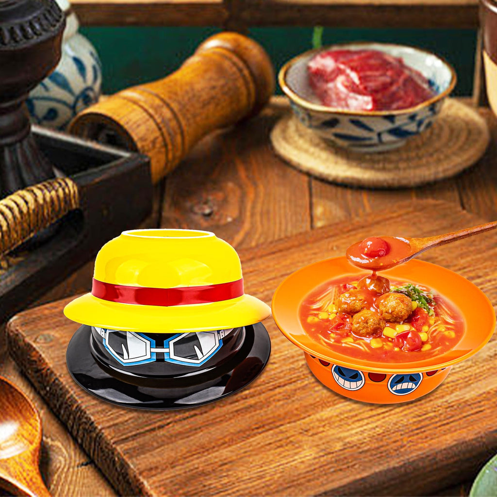 Clakioom 3 Piece Anime Ramen Bowl, Ramen Bowl Set,Straw Hat Design Japanese Ramen Ceramic Bowl Set of 9 with Chopsticks and Spoon