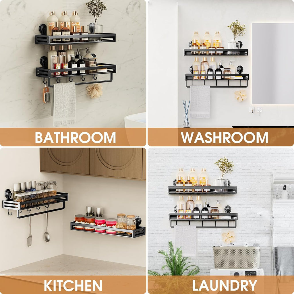 Skiennix Shower Caddy - 15.7 Inch No-Drill Suction Shelf with Hooks | Rustproof Bathroom Organizer - Black