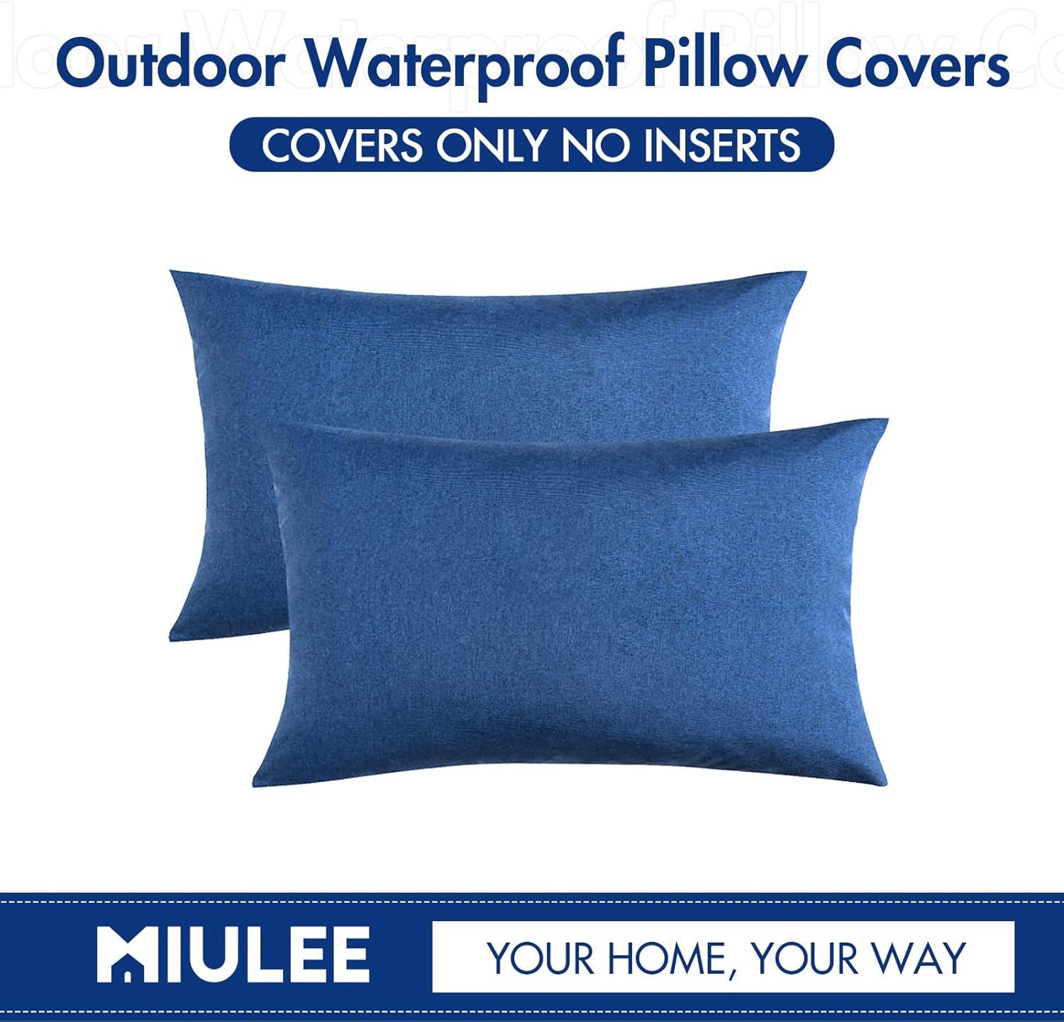 MIULEE Decorative Outdoor Throw Pillow Covers - Waterproof Faux Linen Cushion Cases | 20x12 Inch Blue (Pack of 2)