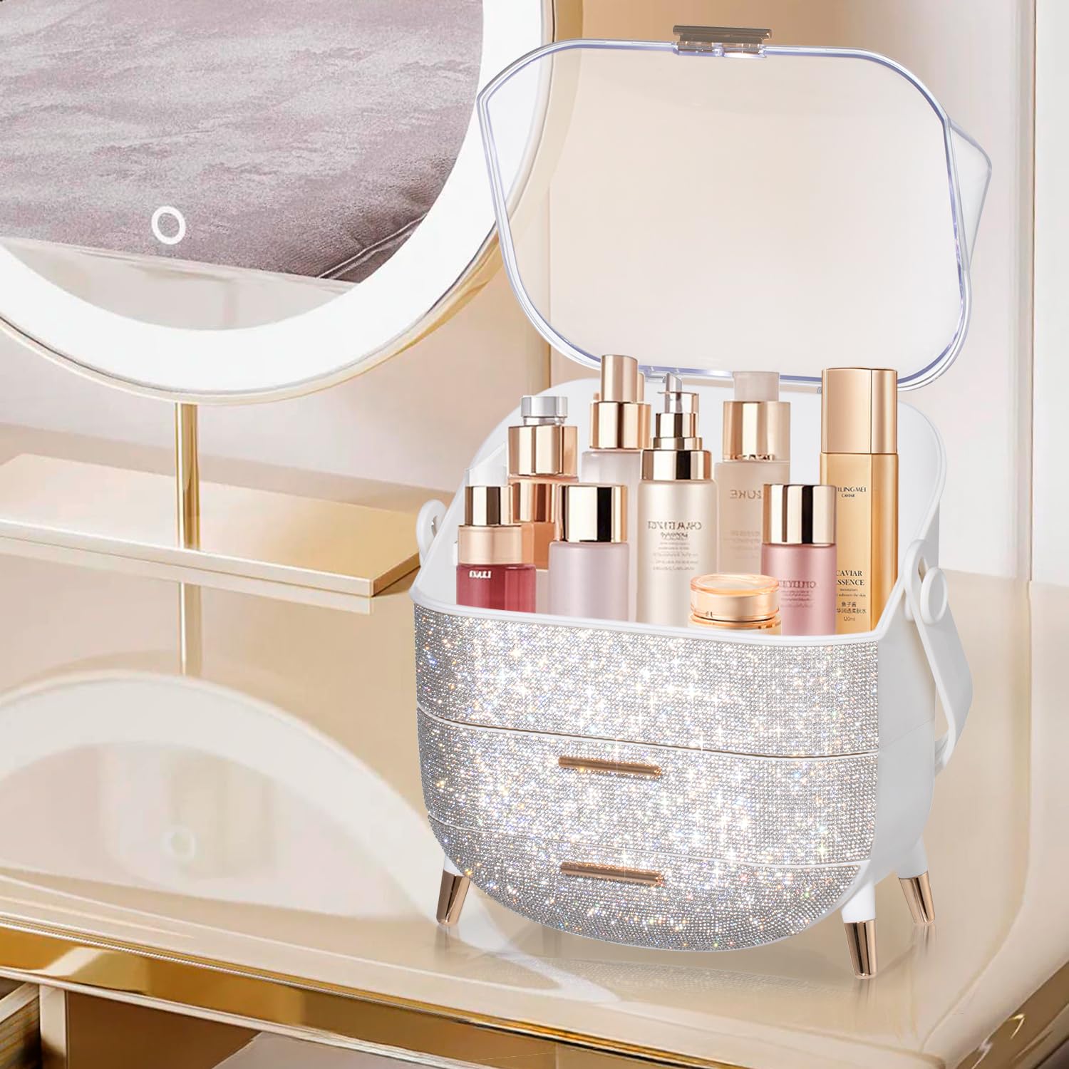 MASSY Egg Shape(Oval) Makeup Storage Box, Countertop Portable Vanity Cosmetics Organizer Preppy Style (Rhinestone White)