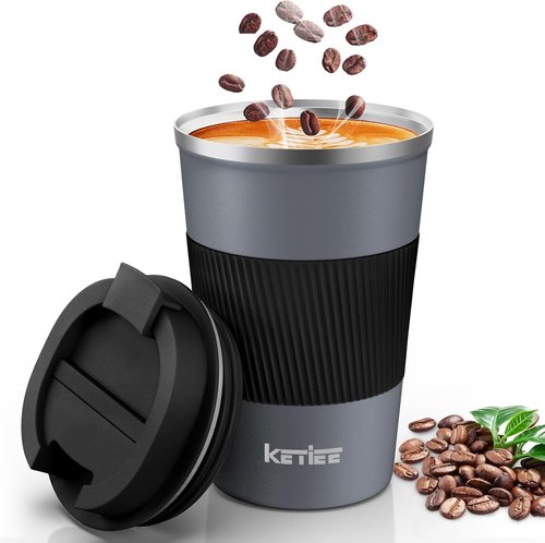 KETIEE Travel Coffee Mug - Spill Proof 12oz Insulated Stainless Steel Tumbler for Hot/Iced Drinks | Grey