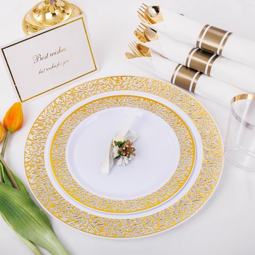 WELLIFE 50 Guests Dinnerware Sets, Gold Plastic Plates，Platos Para Fiestas Elegantes Desechables Include:50 Dinner Plates, 50 Dessert Plate, 150 Pcs Gold Plastic Silverware, 50 Cups for Party
