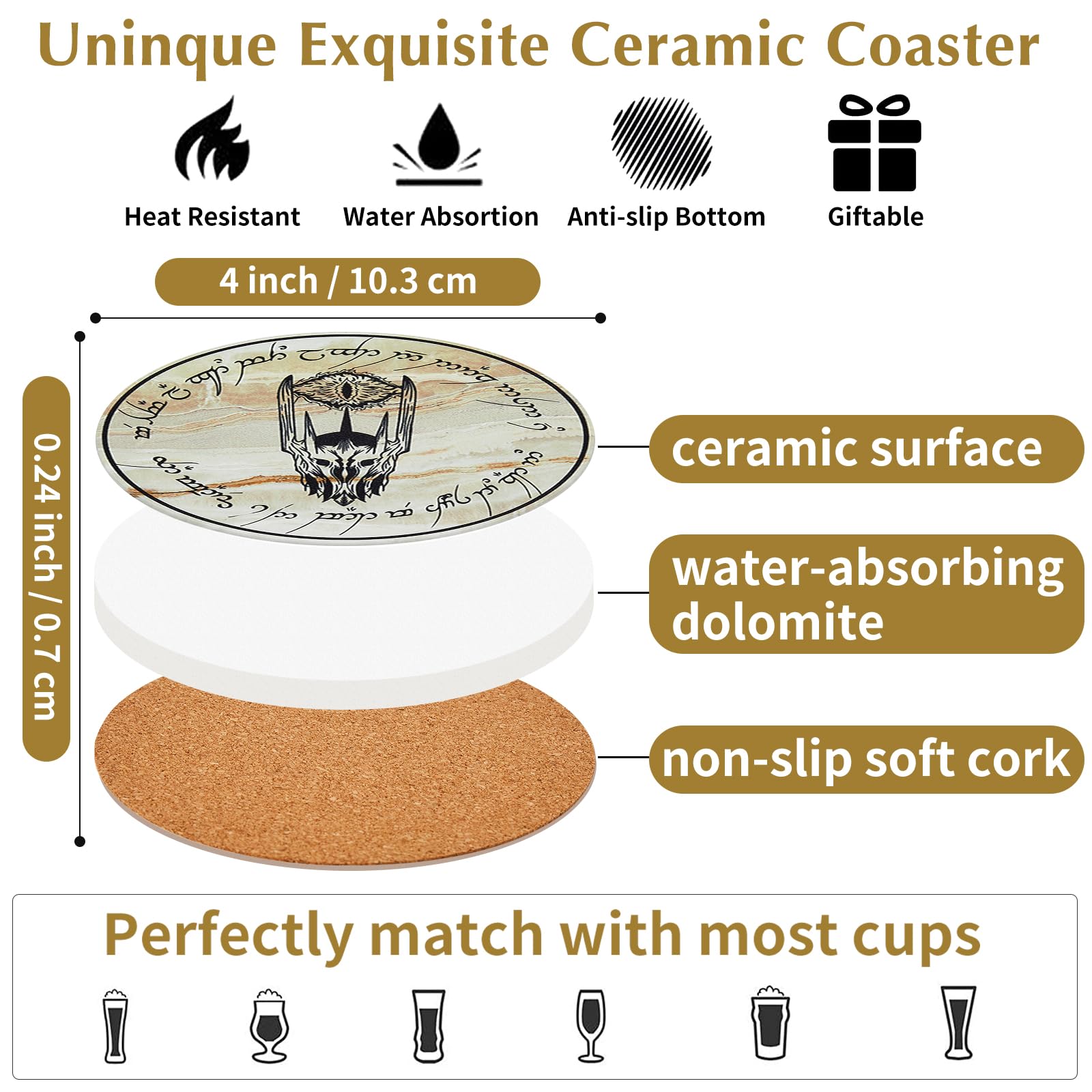 Rings Absorbent Coasters for Drinks,Coasters for Home Decor,6Pcs Rings Stone and Cork Coaster Set with Holder for Coffee Table，Merchandise Gift for Women Men Fans