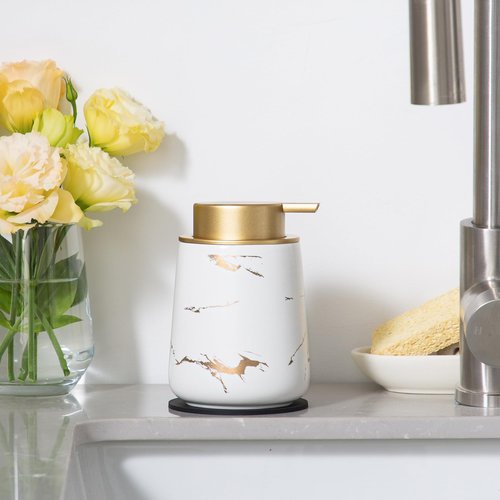 Enra Ceramic Gold Soap Dispenser,12 oz Marble Hand Liquid Soap Dispenser for Bathroom Kitchen Dispenser for Dish Soap with Easy-to-Press(Glod Liquid Type2)