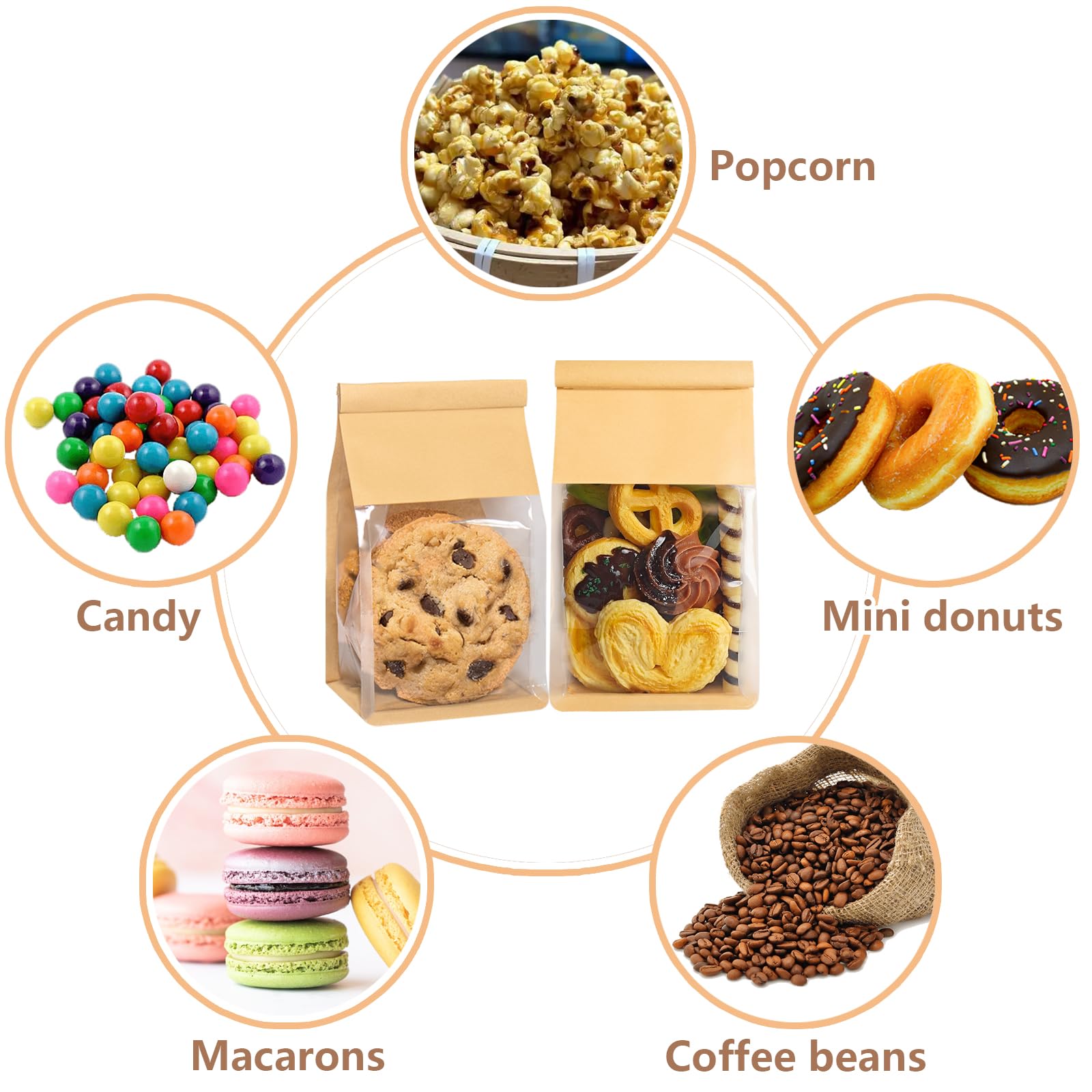 50 Pack Cookie Bags with Seal, 8.2x3.9x3.1 Inch Tin Tie Tab Lock Bakery Bags with Window Resealable Paper Packaging Bag for Muffin, Granola, Candies, Scone, Brownie, Included 50 Thank You Stickers